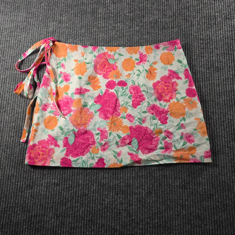 WAYF Floral Mini Skirt Pink Orange White Wrap Side Tie Size S